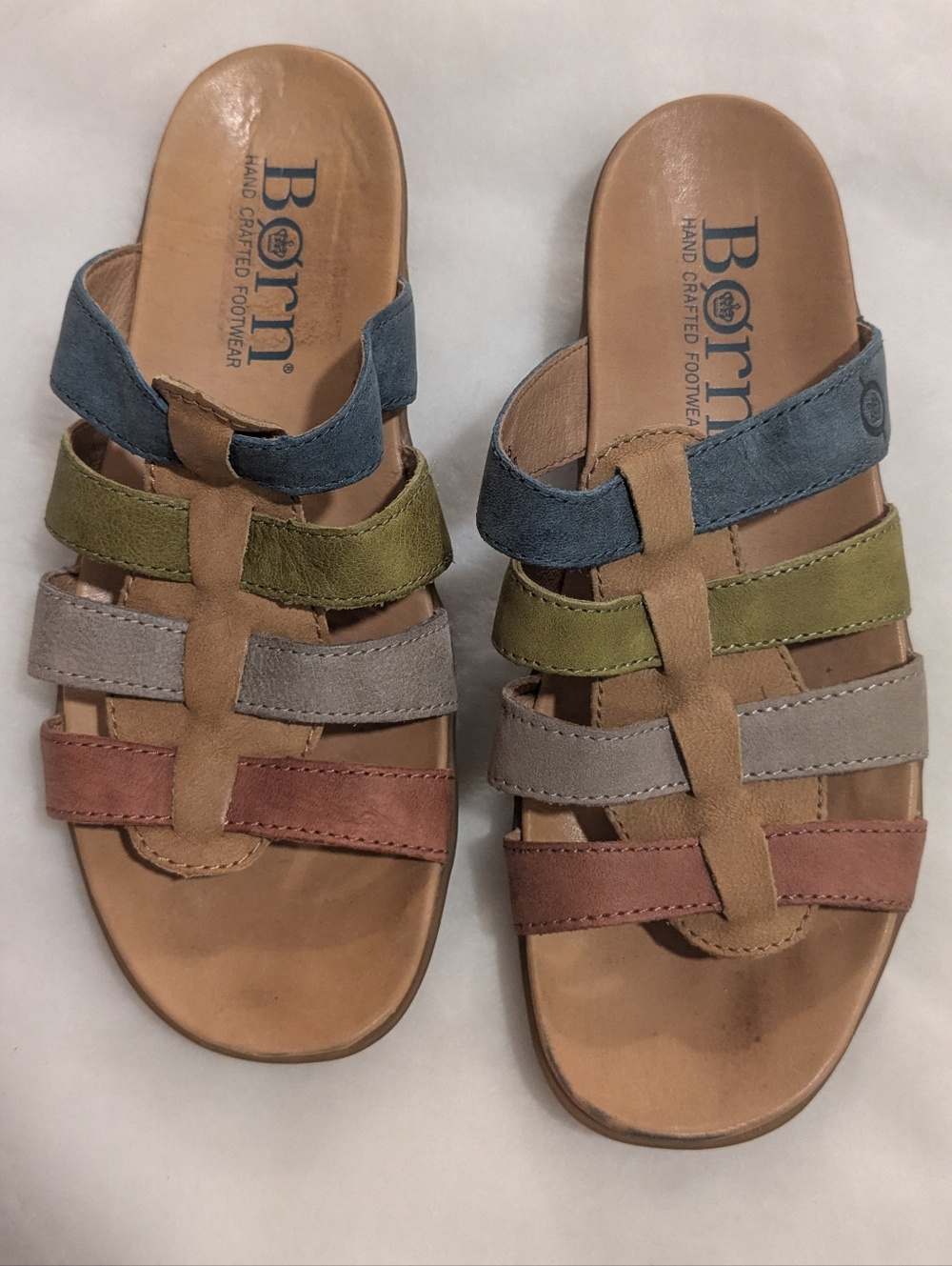 Born Multistrap Leather Slide Sandals in Blue, Green, Gray, and Rust Sz 8